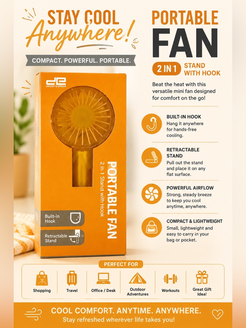 NIB Compact Portable Fan Orange